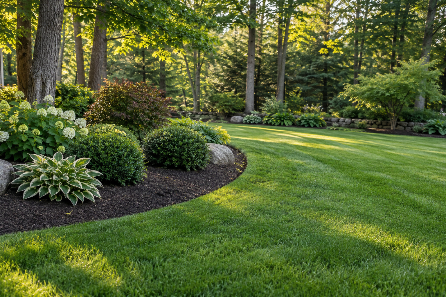 Illustrative garden with a freshly mown lawn, a curved mulched planting bed and mature trees